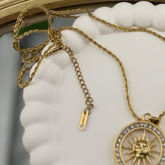 Sun Medallion Pendant Necklace Stainless Steel Gold Plated with Cubic Zirconia - Picture 10 of 10